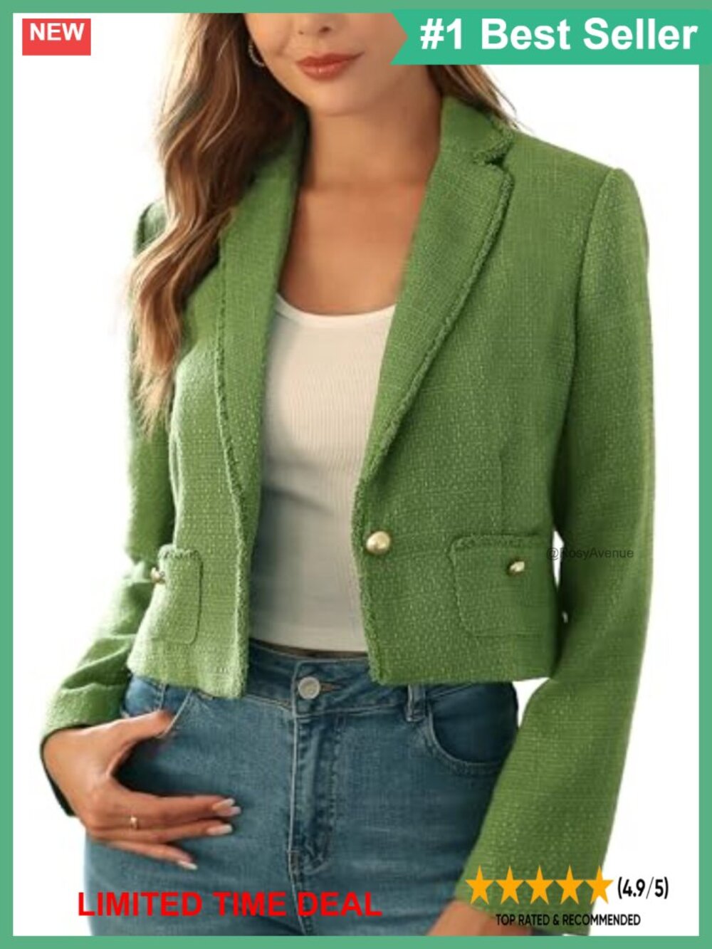 Women's Cropped Tweed Blazer Jacket Pearl Buttons Fringe Long Sleeve Boxy Fit